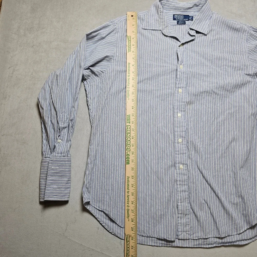 Polo Ralph‎ Lauren Philip Mens 17-34 Blue White Striped Cotton French Cuff Shirt